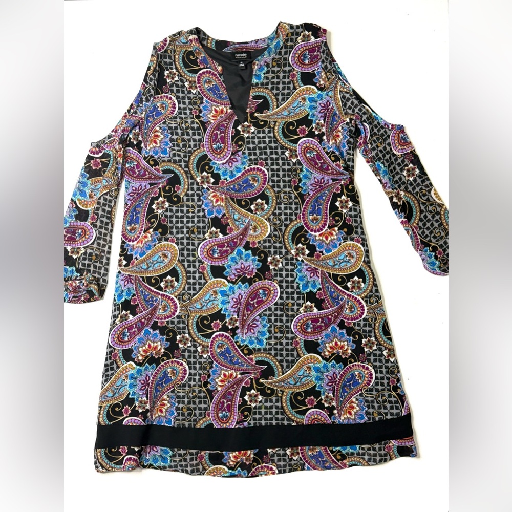 Nicole Miller Cold Shoulder Paisley Long Sleeve Shift Dress Size 14